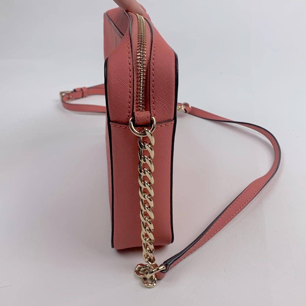 Michael Kors Pink Coral Crossbody Bag Gold chain strap Zip close MK shoulder bag - Picture 7 of 16